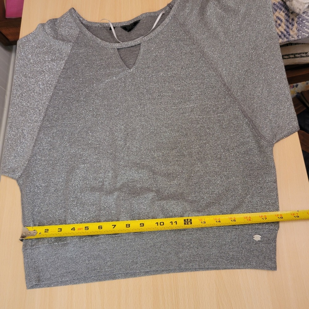 Guess Los Angeles Silver Metallic Cutout V-Neck Dolman Sleeve Knit Top L Y2K - Picture 6 of 10